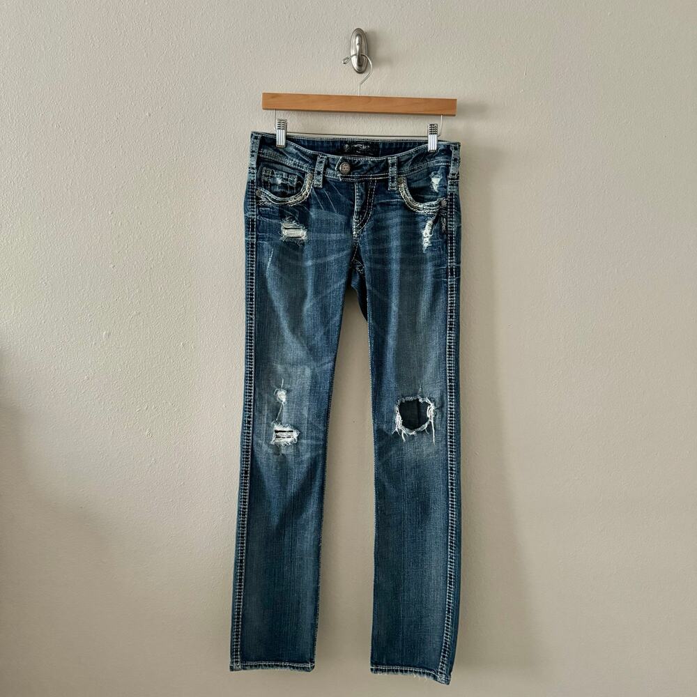 Silver Jeans Tuesday Low Baby Boot Distressed Lace Embroidered Pockets W29/L33